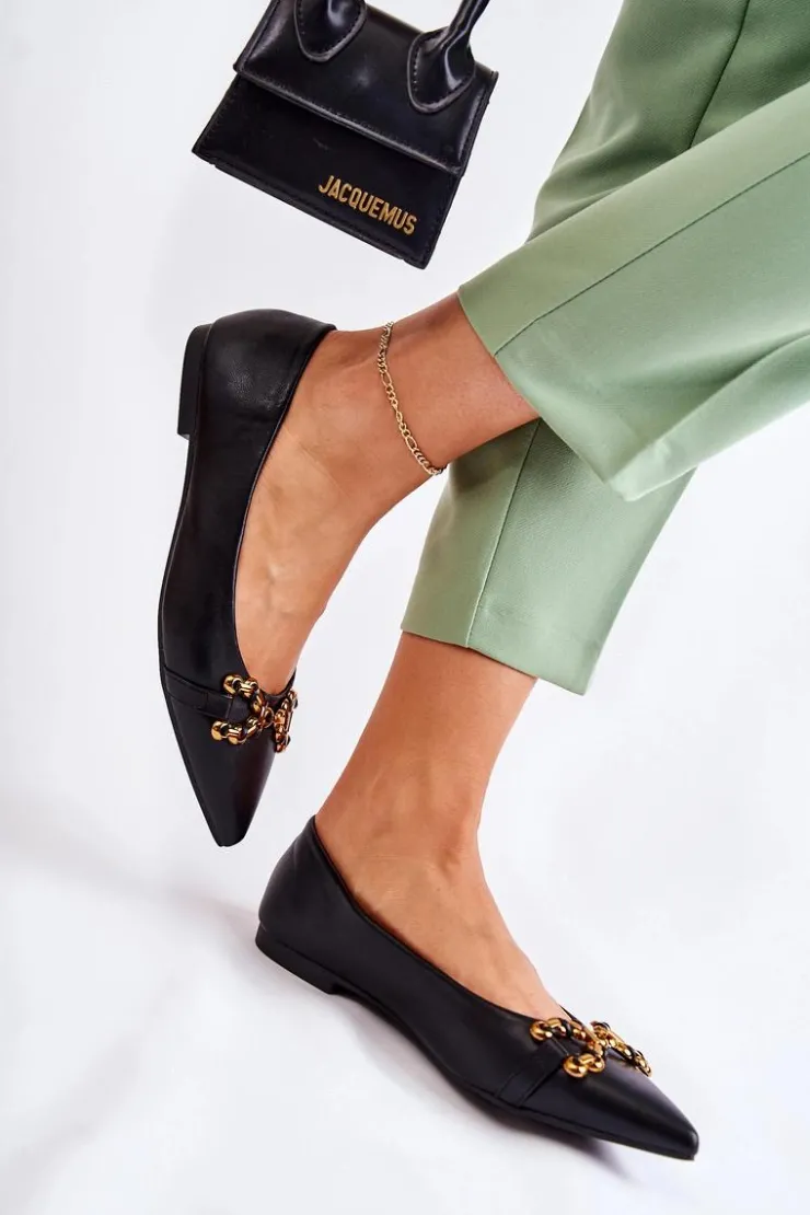 Damskie Boto Damskie Skórzane Baleriny W Szpic Z Ozdobą Czarne Carlos