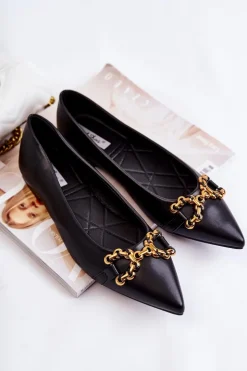 Damskie Boto Damskie Skórzane Baleriny W Szpic Z Ozdobą Czarne Carlos