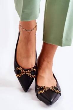 Damskie Boto Damskie Skórzane Baleriny W Szpic Z Ozdobą Czarne Carlos