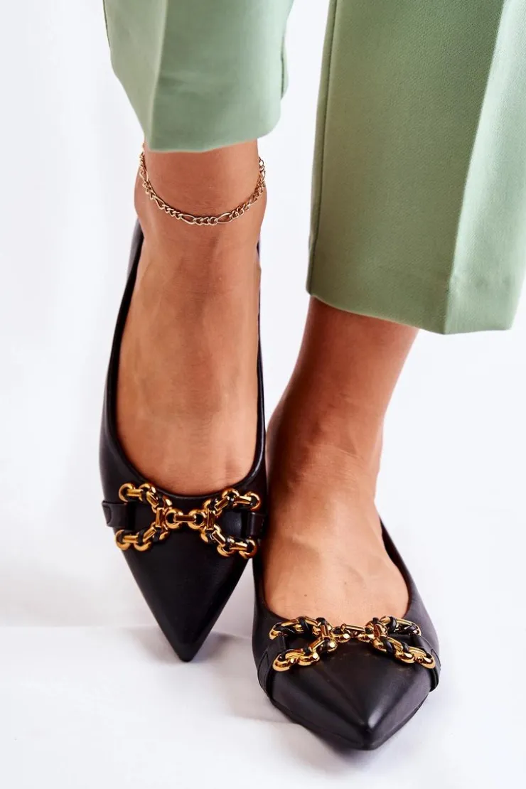 Damskie Boto Damskie Skórzane Baleriny W Szpic Z Ozdobą Czarne Carlos