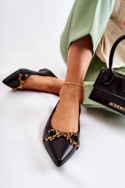 Damskie Boto Damskie Skórzane Baleriny W Szpic Z Ozdobą Czarne Carlos