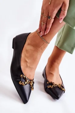 Damskie Boto Damskie Skórzane Baleriny W Szpic Z Ozdobą Czarne Carlos