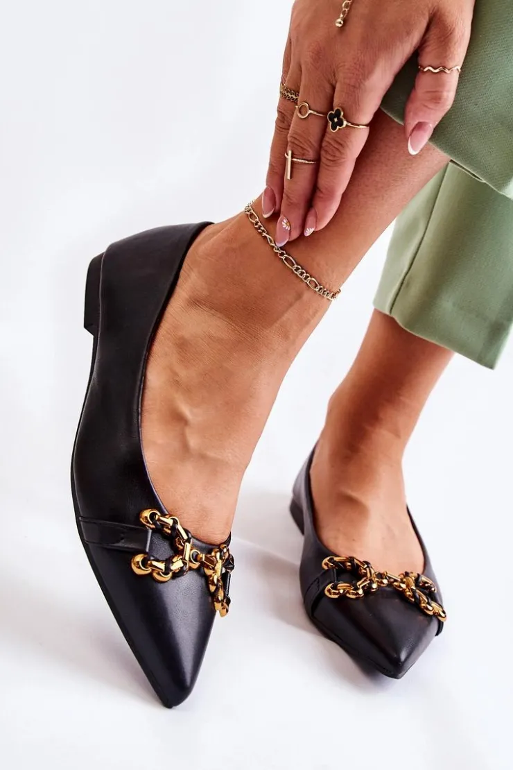 Damskie Boto Damskie Skórzane Baleriny W Szpic Z Ozdobą Czarne Carlos