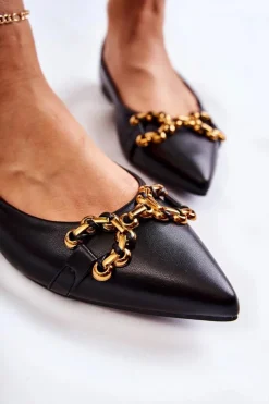 Damskie Boto Damskie Skórzane Baleriny W Szpic Z Ozdobą Czarne Carlos