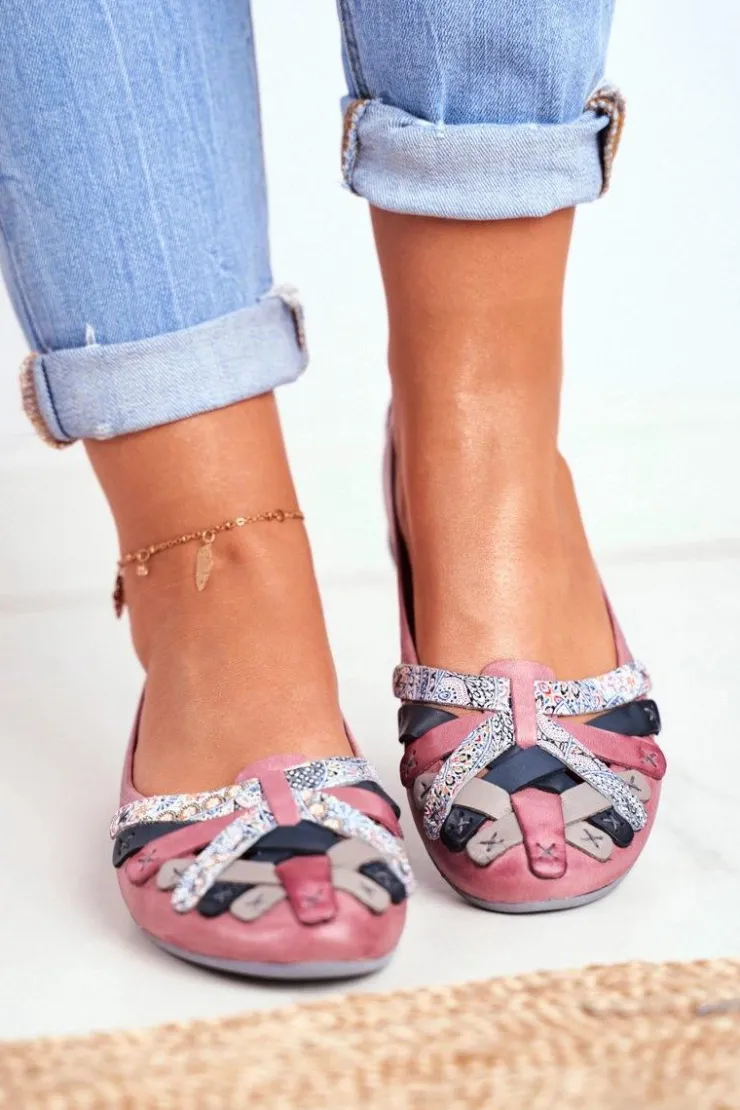 Maciejka Baleriny Skórzane|Baleriny Klasyczne*Damskie Skórzane Baleriny Różowe 01358-15