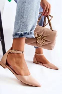 Boto Sandały Płaskie|Baleriny Klasyczne*Damskie Skórzane Baleriny Sandały W Szpic Beżowe Caprise