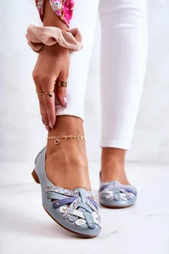 New Maciejka Damskie Skórzane Baleriny 01358-34 Jasnoniebieskie