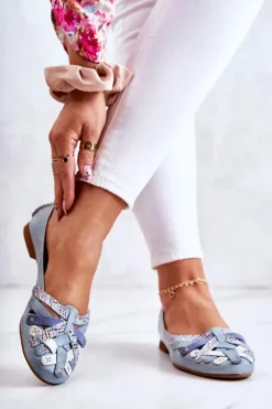 New Maciejka Damskie Skórzane Baleriny 01358-34 Jasnoniebieskie