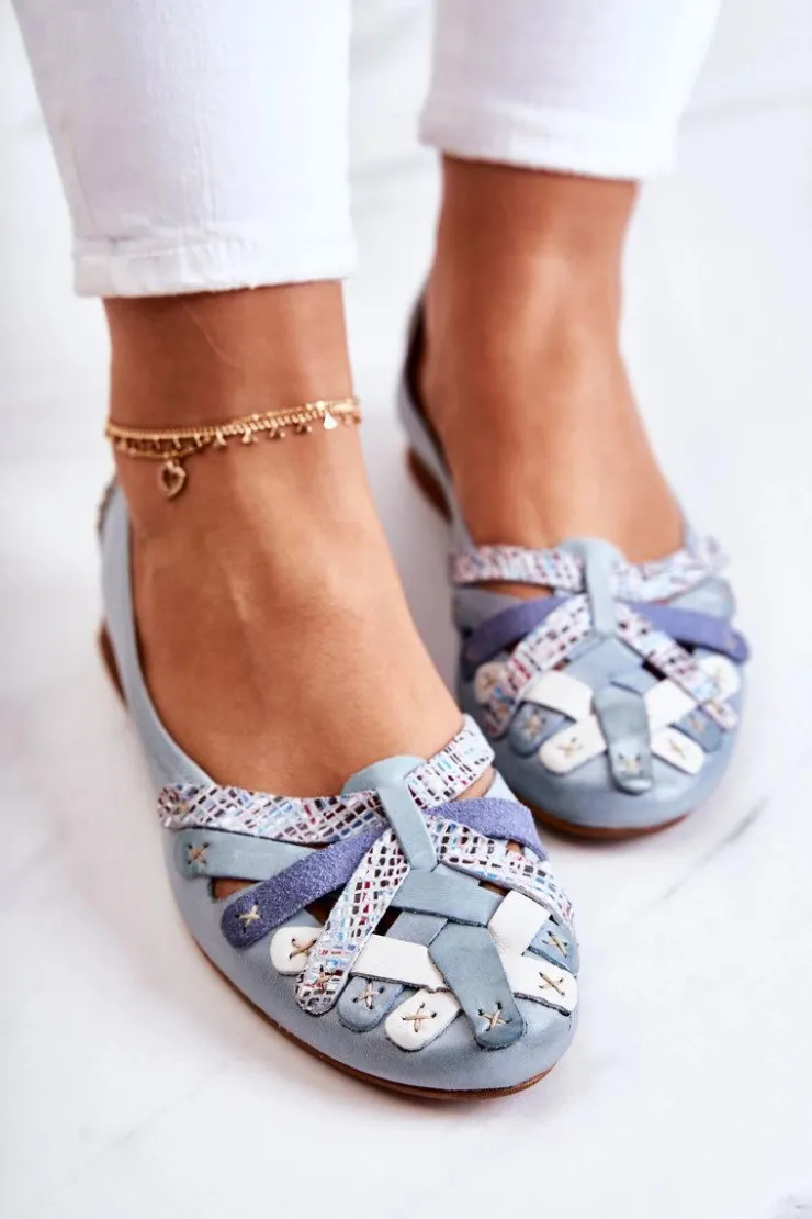 New Maciejka Damskie Skórzane Baleriny 01358-34 Jasnoniebieskie