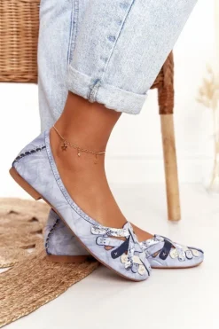 Maciejka Baleriny Skórzane|Baleriny Klasyczne*Damskie Skórzane Baleriny Niebieskie 01358-45