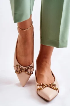 Discount Boto Damskie Skórzane Baleriny W Szpic Z Ozdobą Beżowe Carlos