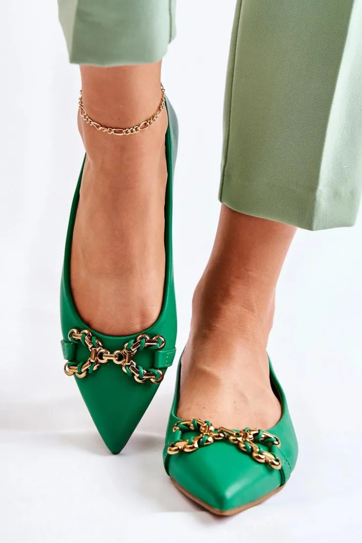 Hot Boto Damskie Skórzane Baleriny W Szpic Z Ozdobą Zielone Carlos