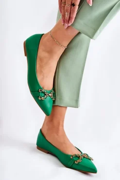 Hot Boto Damskie Skórzane Baleriny W Szpic Z Ozdobą Zielone Carlos
