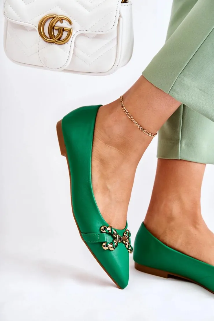 Hot Boto Damskie Skórzane Baleriny W Szpic Z Ozdobą Zielone Carlos