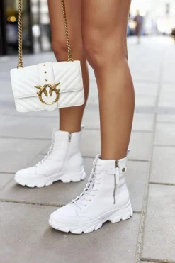 GOE Botki Sznurowane|Czarne Botki*Damskie Skórzane Botki II2N4032 Białe