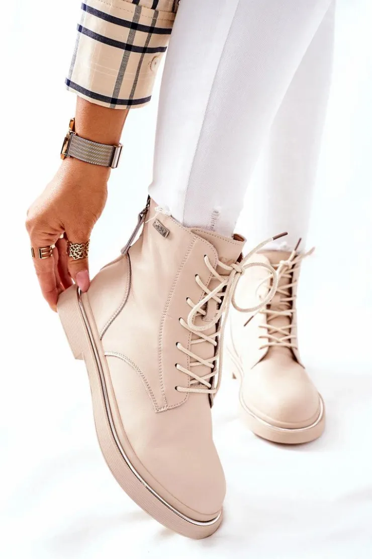 Hot GOE Damskie Skórzane Botki II2N4015 Beżowe