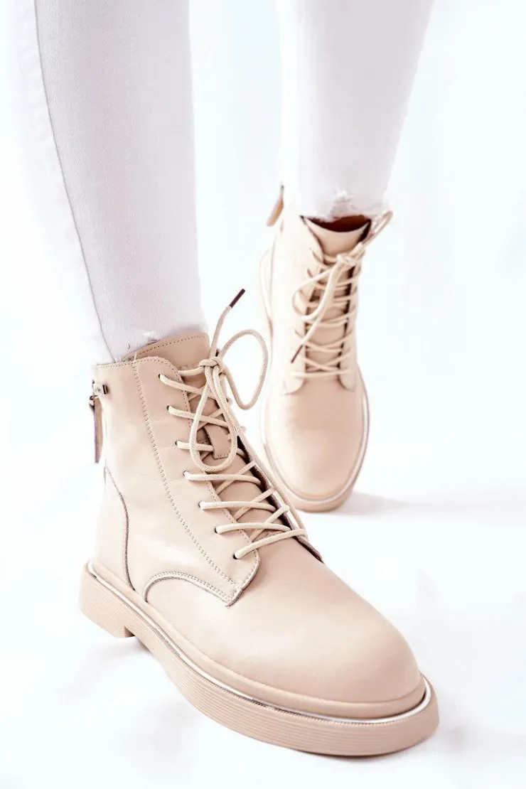 Hot GOE Damskie Skórzane Botki II2N4015 Beżowe