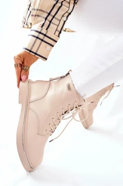 Hot GOE Damskie Skórzane Botki II2N4015 Beżowe