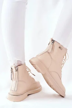 Hot GOE Damskie Skórzane Botki II2N4015 Beżowe