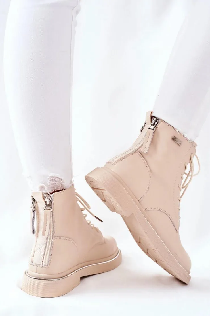 Hot GOE Damskie Skórzane Botki II2N4015 Beżowe