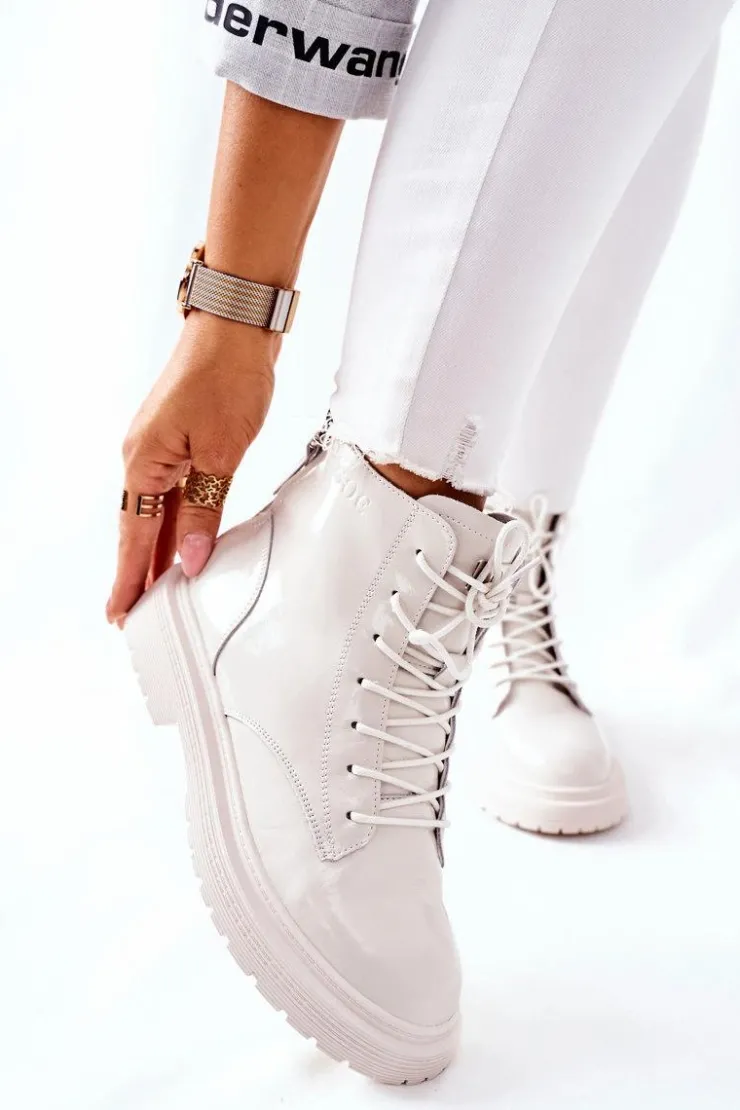 GOE Botki Sznurowane|Czarne Botki*Damskie Skórzane Botki II2N4013 Białe