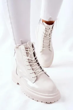 GOE Botki Sznurowane|Czarne Botki*Damskie Skórzane Botki II2N4013 Białe