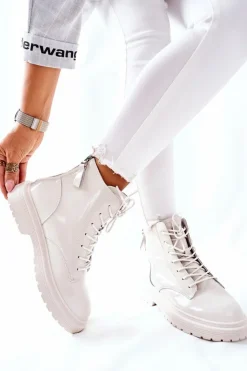 GOE Botki Sznurowane|Czarne Botki*Damskie Skórzane Botki II2N4013 Białe