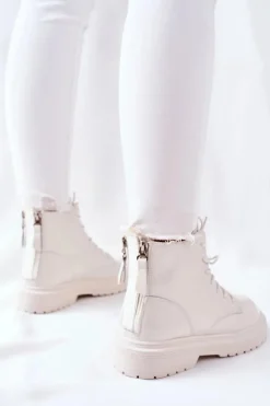 GOE Botki Sznurowane|Czarne Botki*Damskie Skórzane Botki II2N4013 Białe