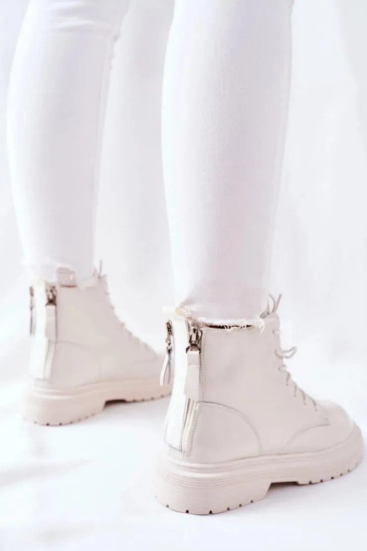 GOE Botki Sznurowane|Czarne Botki*Damskie Skórzane Botki II2N4013 Białe