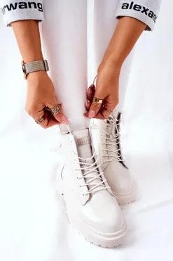 GOE Botki Sznurowane|Czarne Botki*Damskie Skórzane Botki II2N4013 Białe