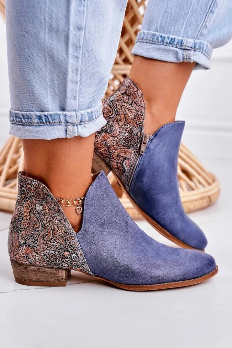 Hot Maciejka Damskie Skórzane Botki Granatowe 04091-27