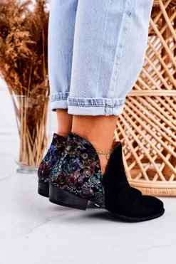Maciejka Botki Wiosenne|Botki Maciejka*Damskie Skórzane Botki Czarne Z Kwiatami 04091-57 Czarny