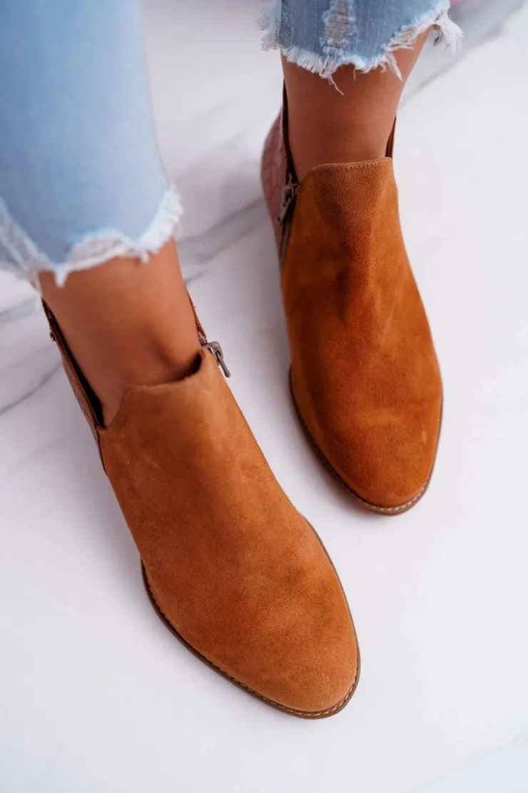 Damskie Maciejka Damskie Skórzane Botki Rude Wzór Zwierzęcy 04091-29