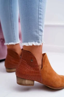 Damskie Maciejka Damskie Skórzane Botki Rude Wzór Zwierzęcy 04091-29