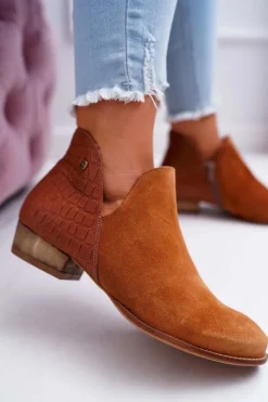 Damskie Maciejka Damskie Skórzane Botki Rude Wzór Zwierzęcy 04091-29