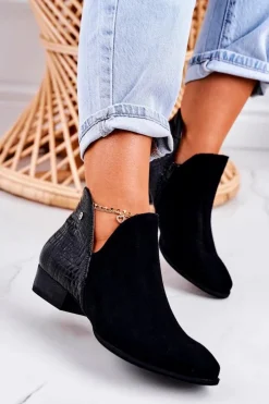 Sale Maciejka Damskie Skórzane Botki Lakierowane Czarne Wzór Zwierzęcy 04091-72