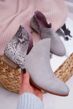 Maciejka Botki Wiosenne|Botki Maciejka*Damskie Skórzane Botki Szare 04091-03
