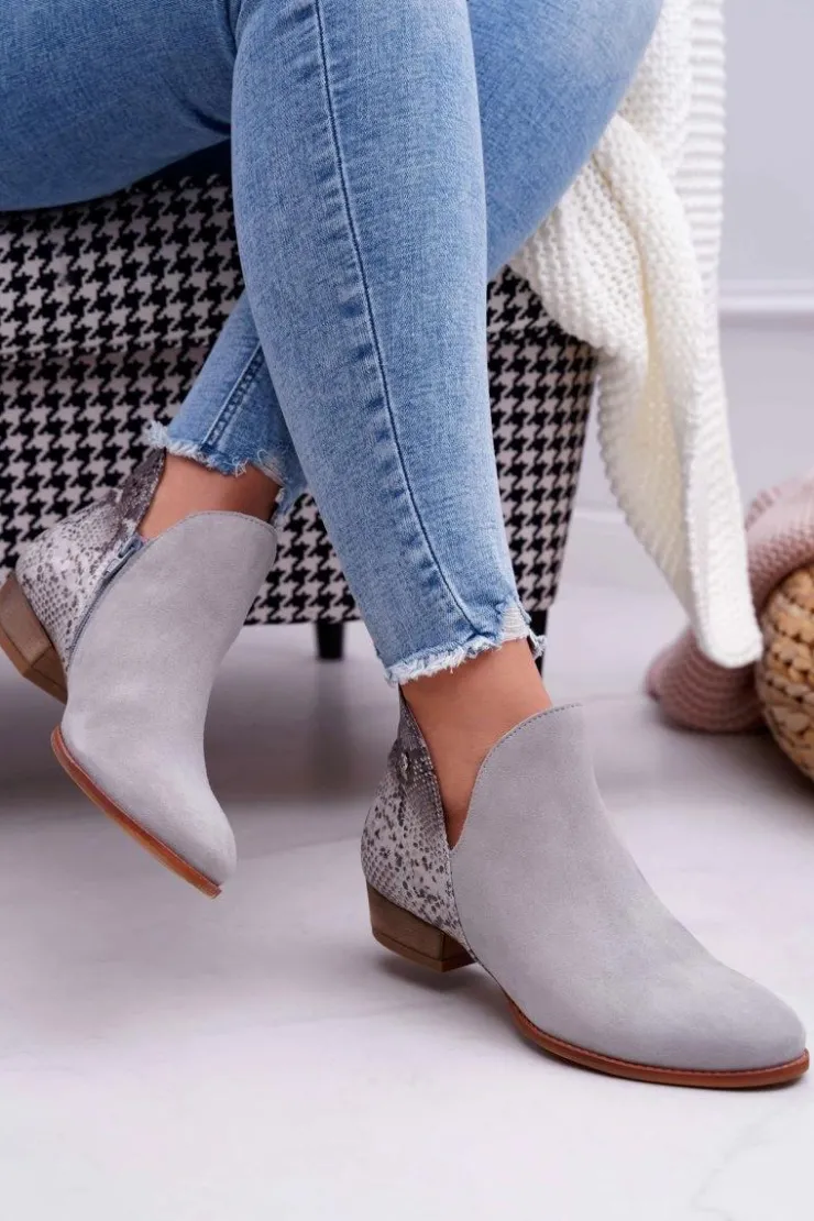 Maciejka Botki Wiosenne|Botki Maciejka*Damskie Skórzane Botki Szare 04091-03