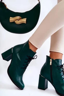 Damskie Boto Damskie Skórzane Botki Na Słupku Zielone Carrice