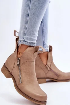 Damskie Boto Damskie Skórzane Botki Na Płaskim Obcasie Beżowe Artemis