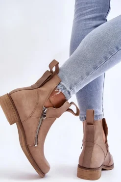 Damskie Boto Damskie Skórzane Botki Na Płaskim Obcasie Beżowe Artemis