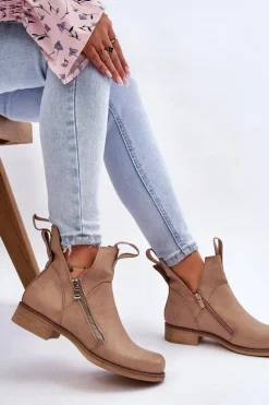 Damskie Boto Damskie Skórzane Botki Na Płaskim Obcasie Beżowe Artemis