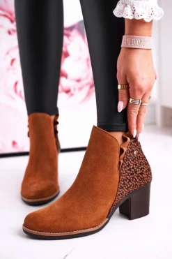 Damskie Maciejka Damskie Skórzane Botki Na Słupku Rude 04833-43