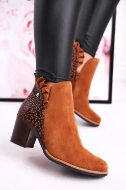 Damskie Maciejka Damskie Skórzane Botki Na Słupku Rude 04833-43