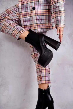 Boto Botki Na Słupku|Czarne Botki*Damskie Skórzane Botki Na Masywnym Obcasie Czarne Jones