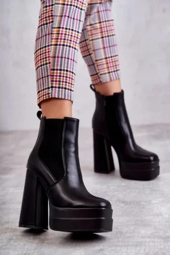 Boto Botki Na Słupku|Czarne Botki*Damskie Skórzane Botki Na Masywnym Obcasie Czarne Jones