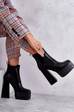 Boto Botki Na Słupku|Czarne Botki*Damskie Skórzane Botki Na Masywnym Obcasie Czarne Jones