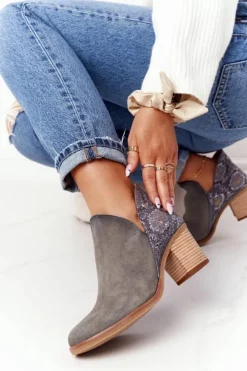 Damskie Maciejka Damskie Skórzane Botki Na Słupku Popielate 04492