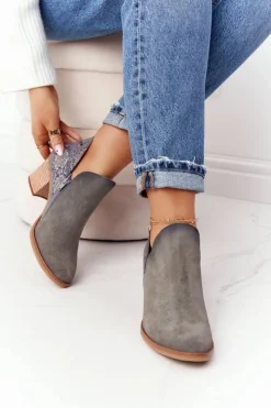 Damskie Maciejka Damskie Skórzane Botki Na Słupku Popielate 04492