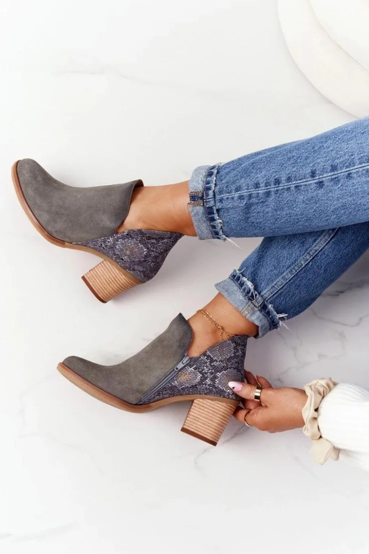 Damskie Maciejka Damskie Skórzane Botki Na Słupku Popielate 04492